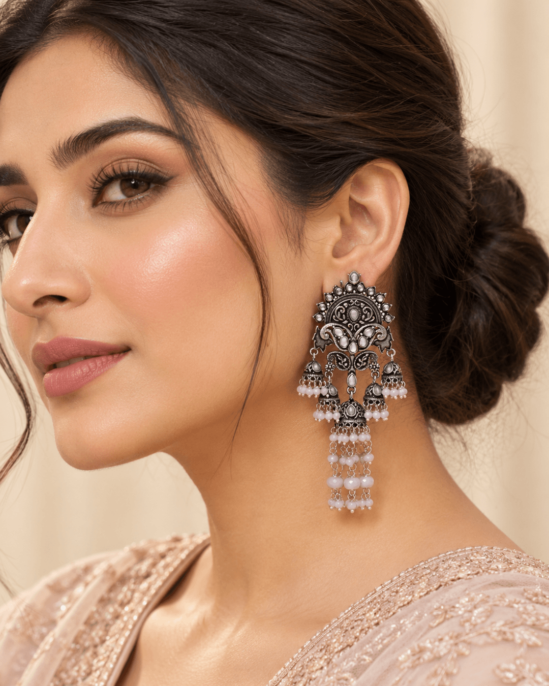 Oxidised Silver-Tone Multi Jhumka Earrings with Bead Tassels