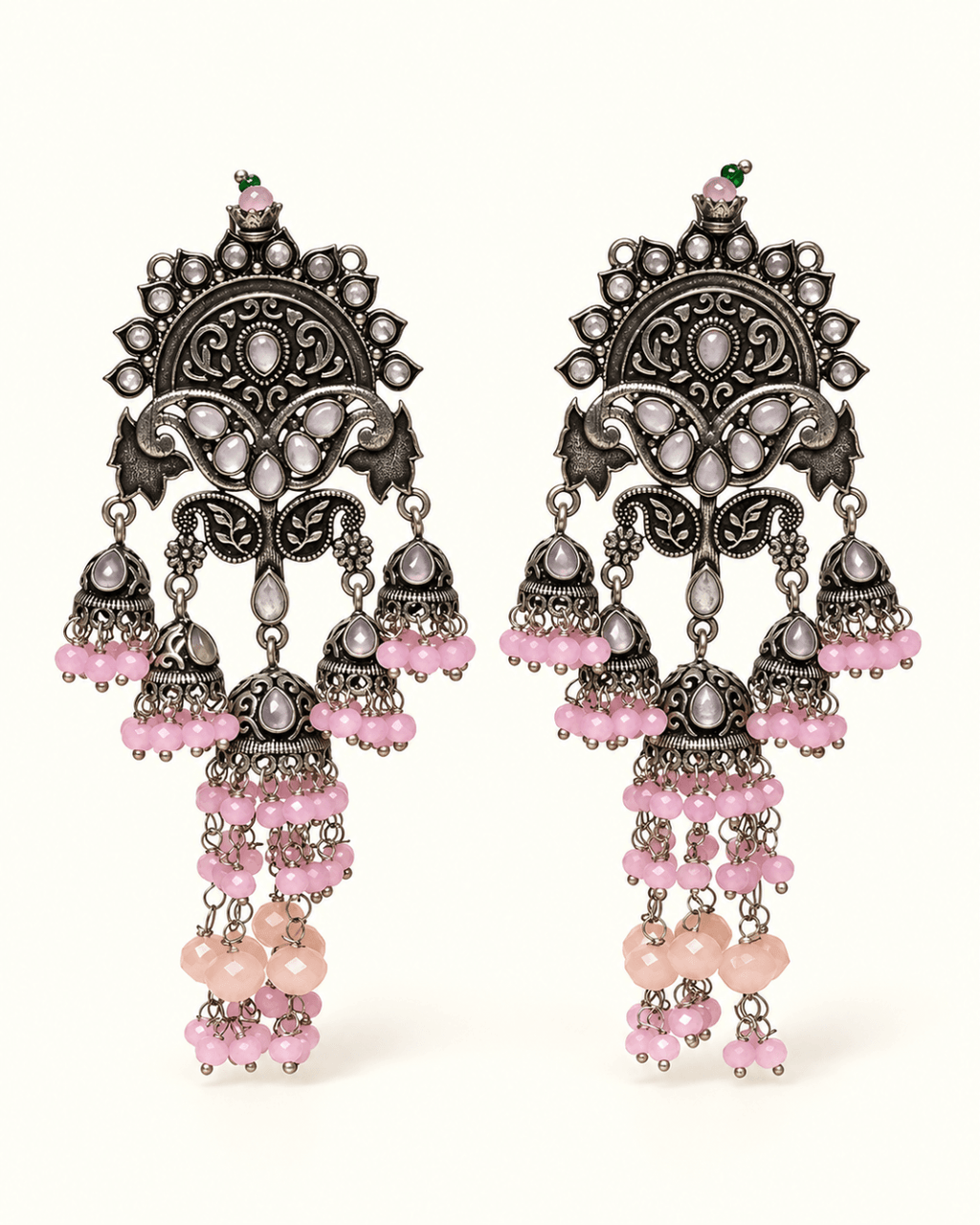 Oxidised Silver-Tone Multi Jhumka Earrings with Bead Tassels