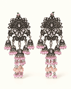 Oxidised Silver-Tone Multi Jhumka Earrings with Bead Tassels