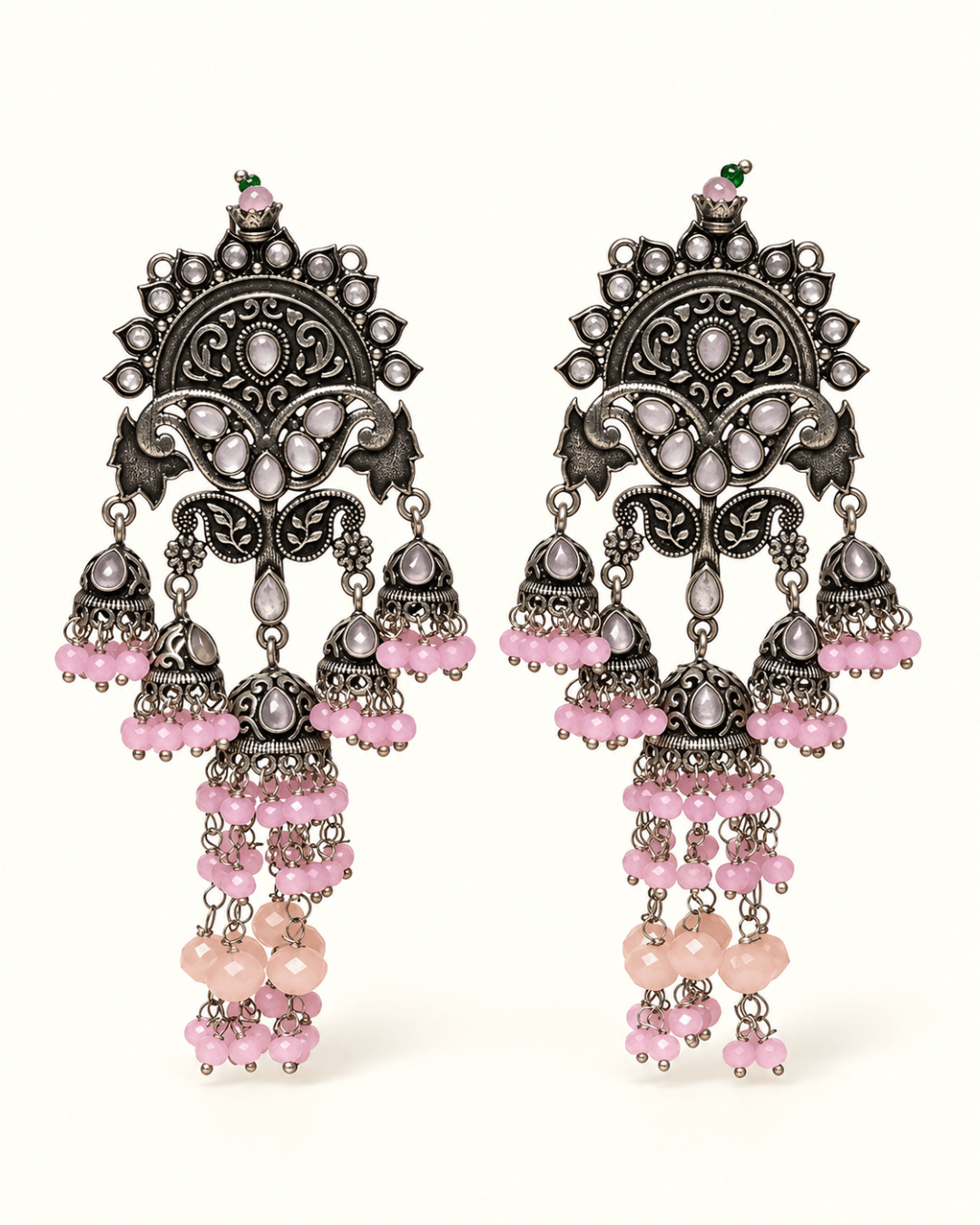 Oxidised Silver-Tone Multi Jhumka Earrings with Bead Tassels
