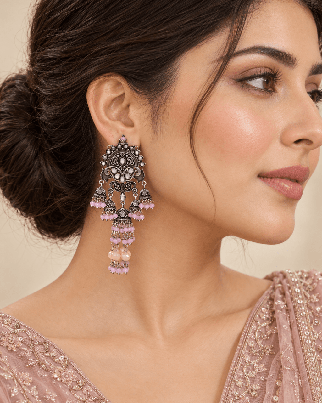 Oxidised Silver-Tone Multi Jhumka Earrings with Bead Tassels