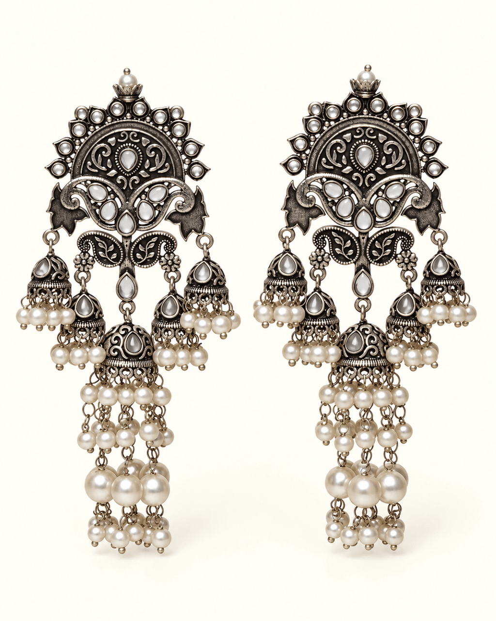 Oxidised Silver-Tone Multi Jhumka Earrings with Bead Tassels