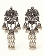 Oxidised Silver-Tone Multi Jhumka Earrings with Bead Tassels