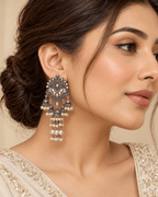 Oxidised Silver-Tone Multi Jhumka Earrings with Bead Tassels