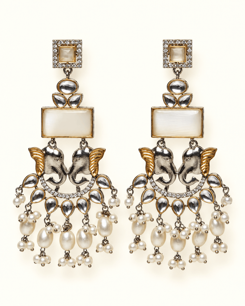 Dual-Tone Elephant Motif Chandbali Earrings with Pearl Drops