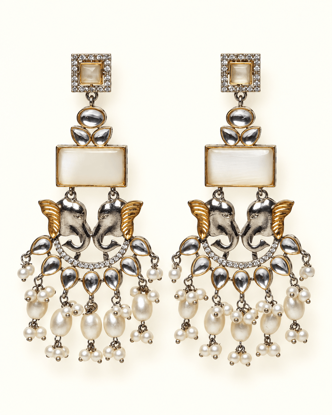 Dual-Tone Elephant Motif Chandbali Earrings with Pearl Drops