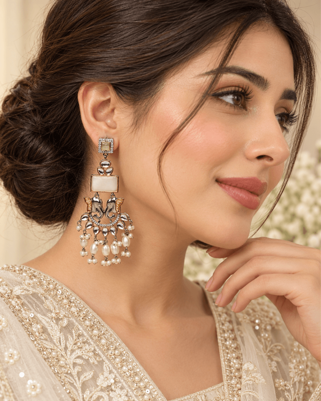 Dual-Tone Elephant Motif Chandbali Earrings with Pearl Drops