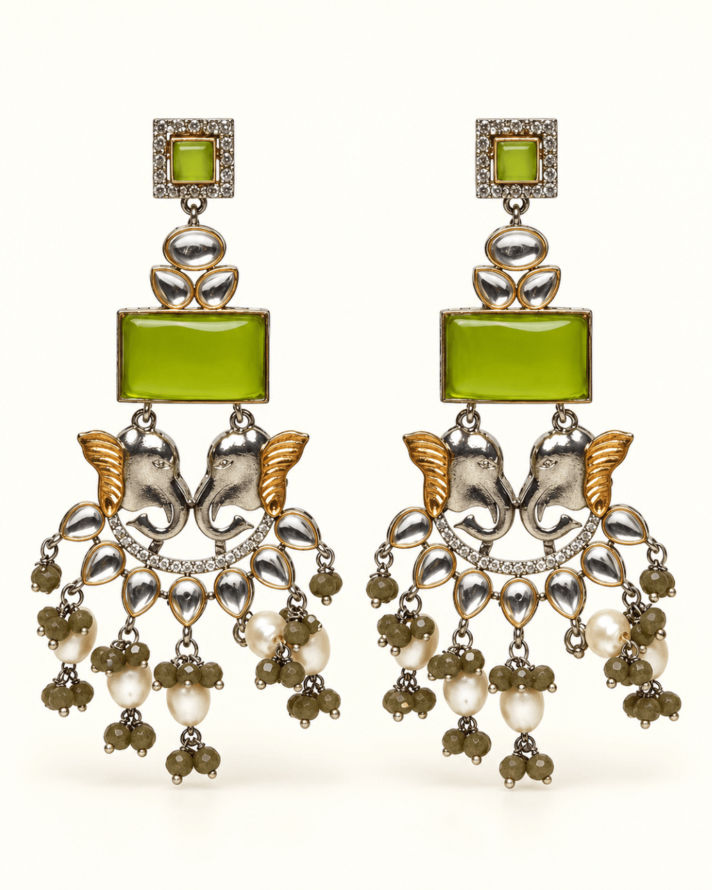 Dual-Tone Elephant Motif Chandbali Earrings with Pearl Drops