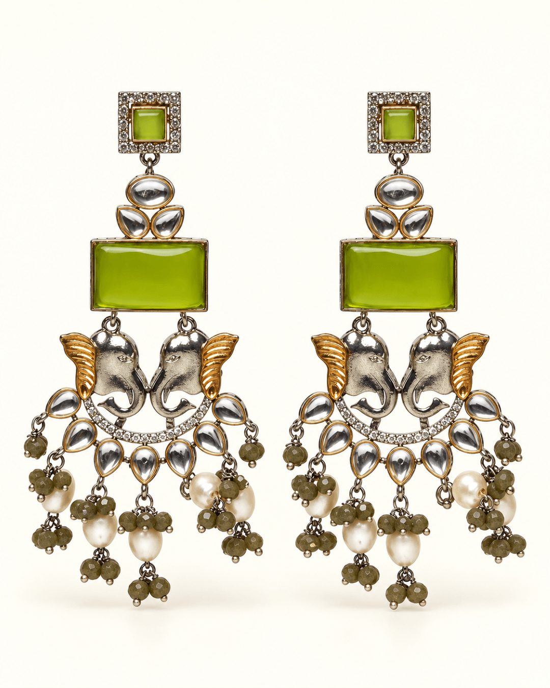 Dual-Tone Elephant Motif Chandbali Earrings with Pearl Drops