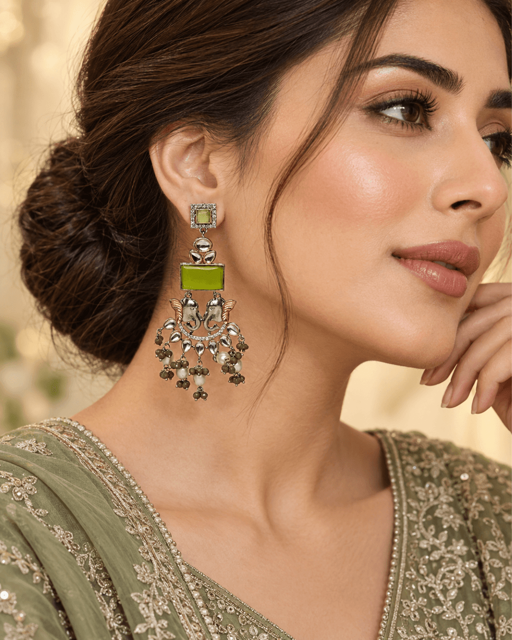 Dual-Tone Elephant Motif Chandbali Earrings with Pearl Drops