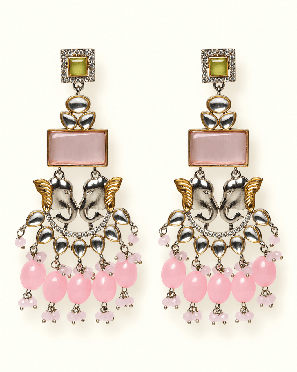 Dual-Tone Elephant Motif Chandbali Earrings with Pearl Drops