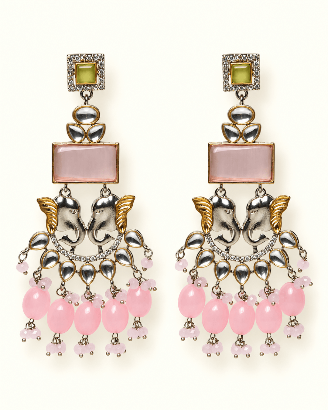 Dual-Tone Elephant Motif Chandbali Earrings with Pearl Drops