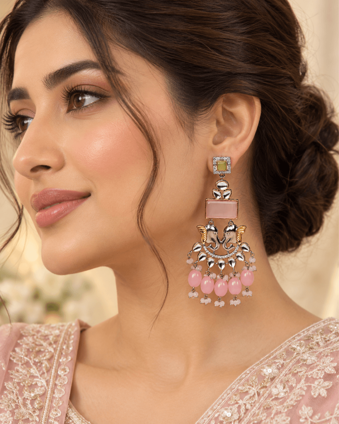 Dual-Tone Elephant Motif Chandbali Earrings with Pearl Drops