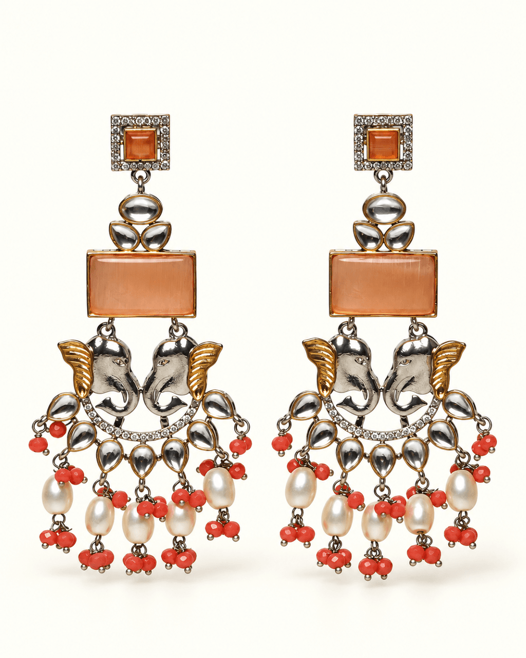 Dual-Tone Elephant Motif Chandbali Earrings with Pearl Drops