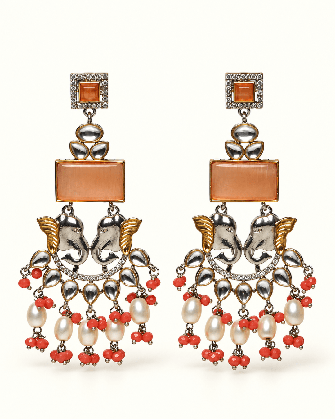 Dual-Tone Elephant Motif Chandbali Earrings with Pearl Drops