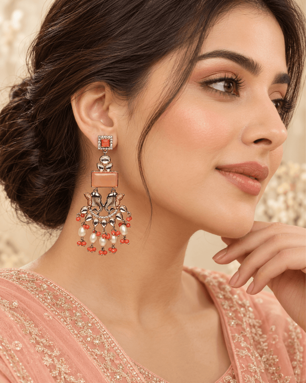 Dual-Tone Elephant Motif Chandbali Earrings with Pearl Drops