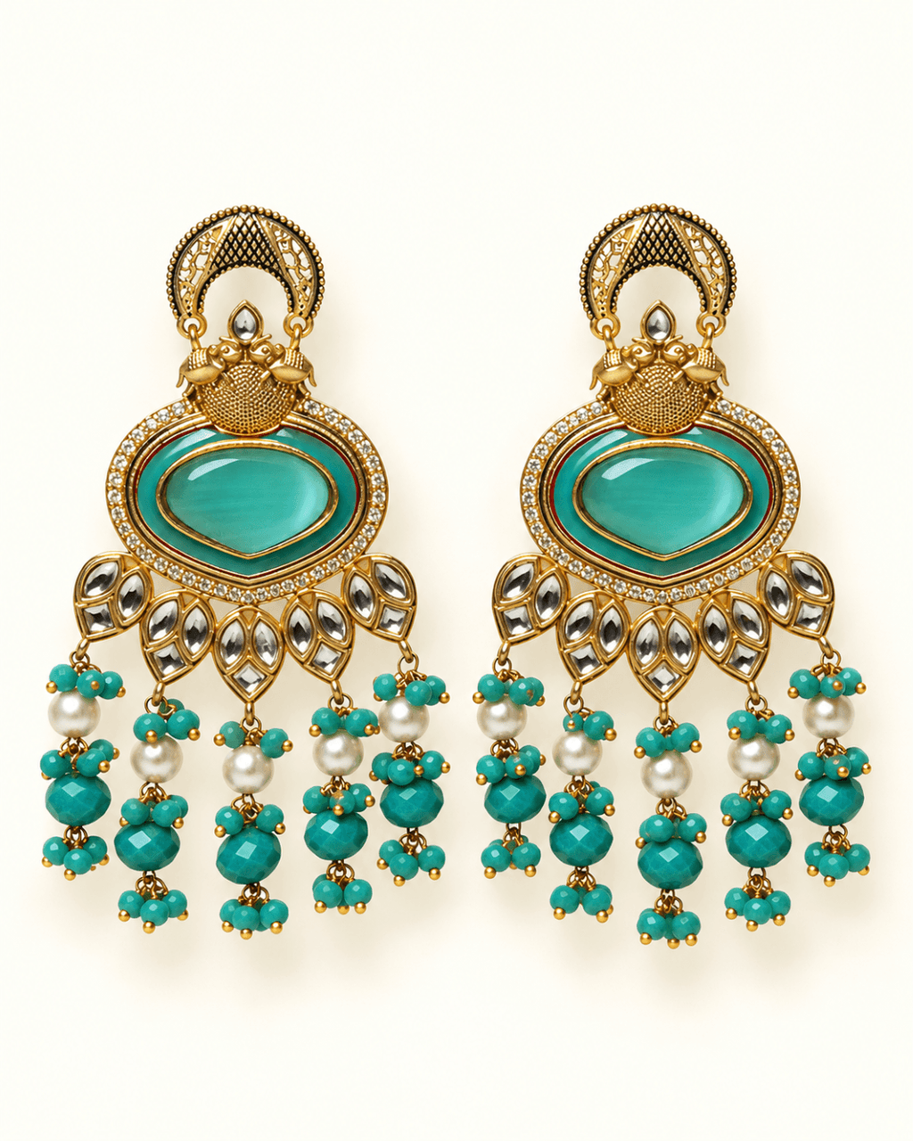 Gold-Tone Heart Kundan-Style Earrings with Bead Drops