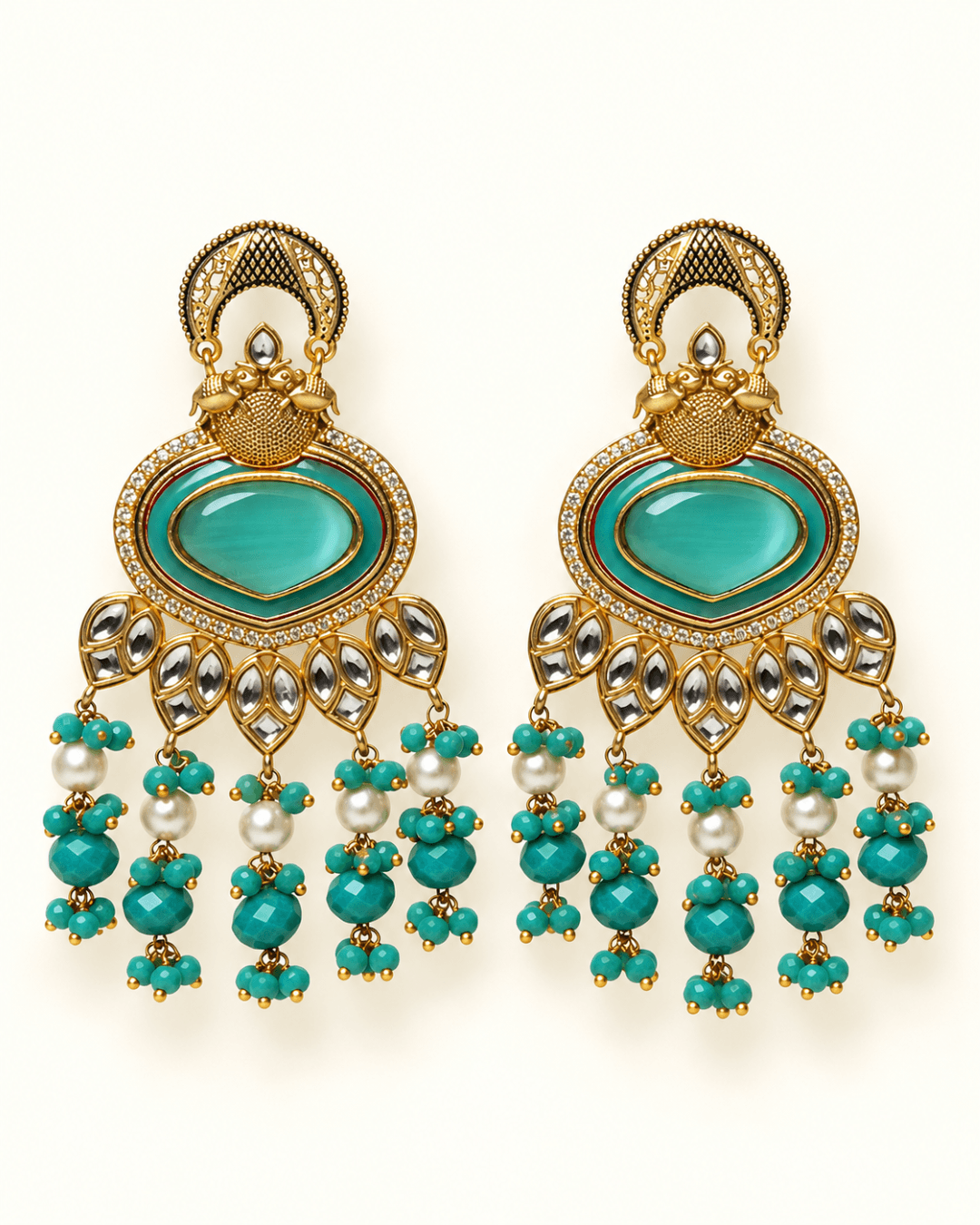 Gold-Tone Heart Kundan-Style Earrings with Bead Drops