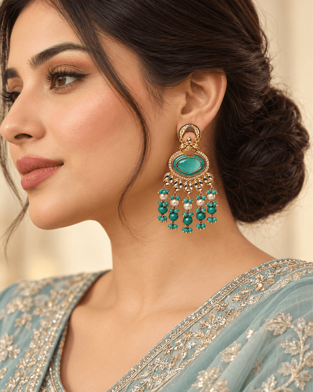 Gold-Tone Heart Kundan-Style Earrings with Bead Drops