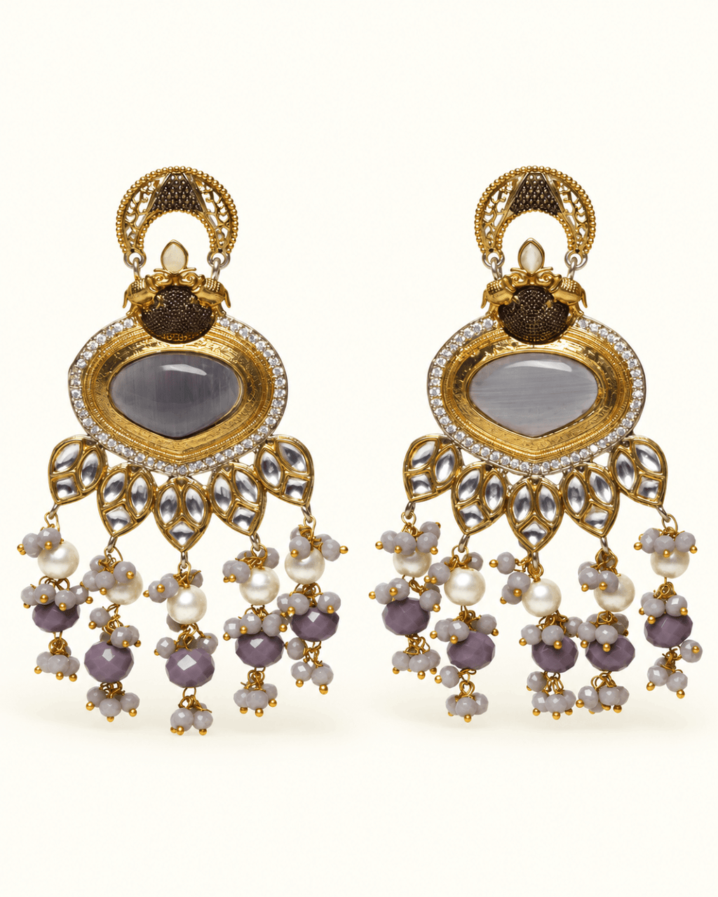 Gold-Tone Heart Kundan-Style Earrings with Bead Drops
