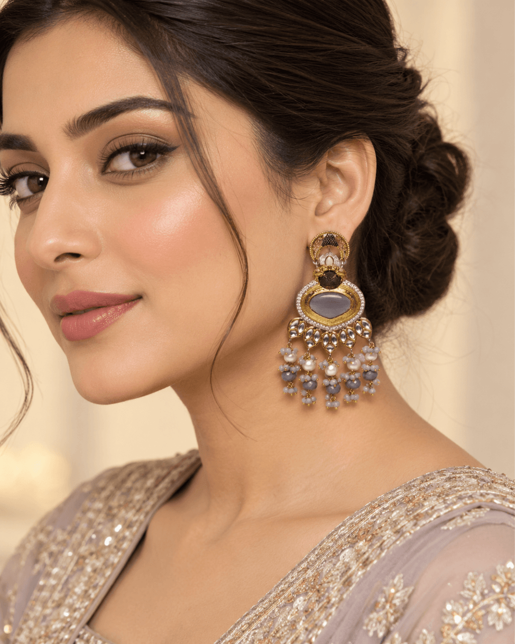 Gold-Tone Heart Kundan-Style Earrings with Bead Drops