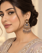 Gold-Tone Heart Kundan-Style Earrings with Bead Drops