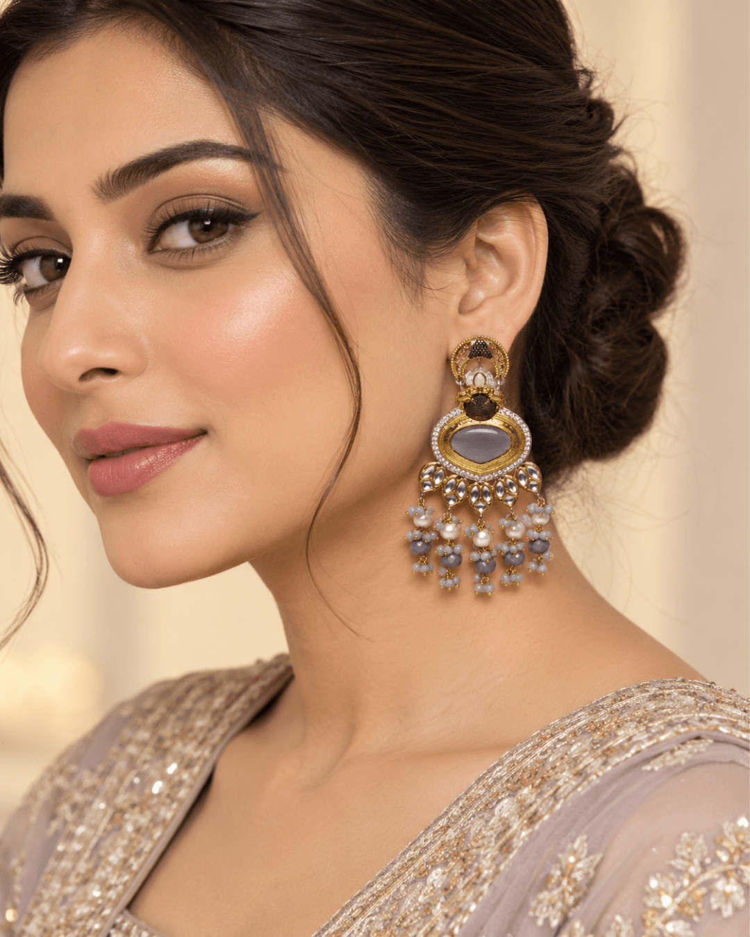 Gold-Tone Heart Kundan-Style Earrings with Bead Drops