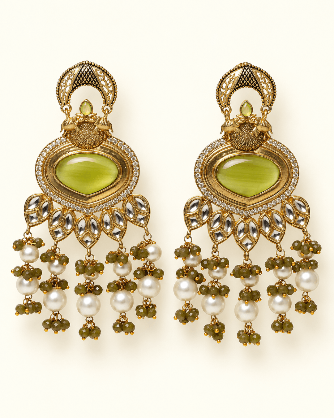 Gold-Tone Heart Kundan-Style Earrings with Bead Drops