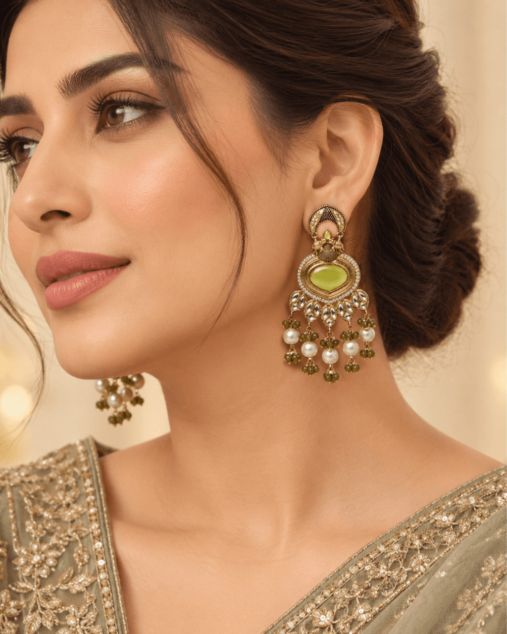 Gold-Tone Heart Kundan-Style Earrings with Bead Drops