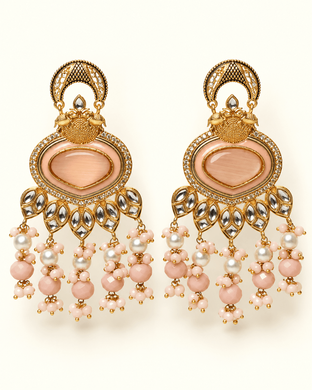 Gold-Tone Heart Kundan-Style Earrings with Bead Drops