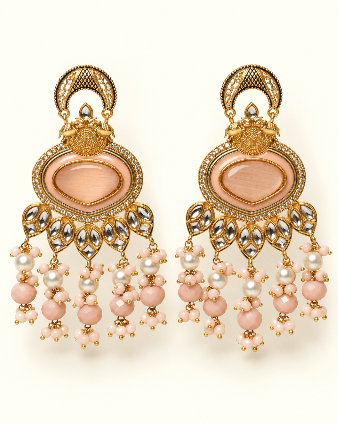 Gold-Tone Heart Kundan-Style Earrings with Bead Drops