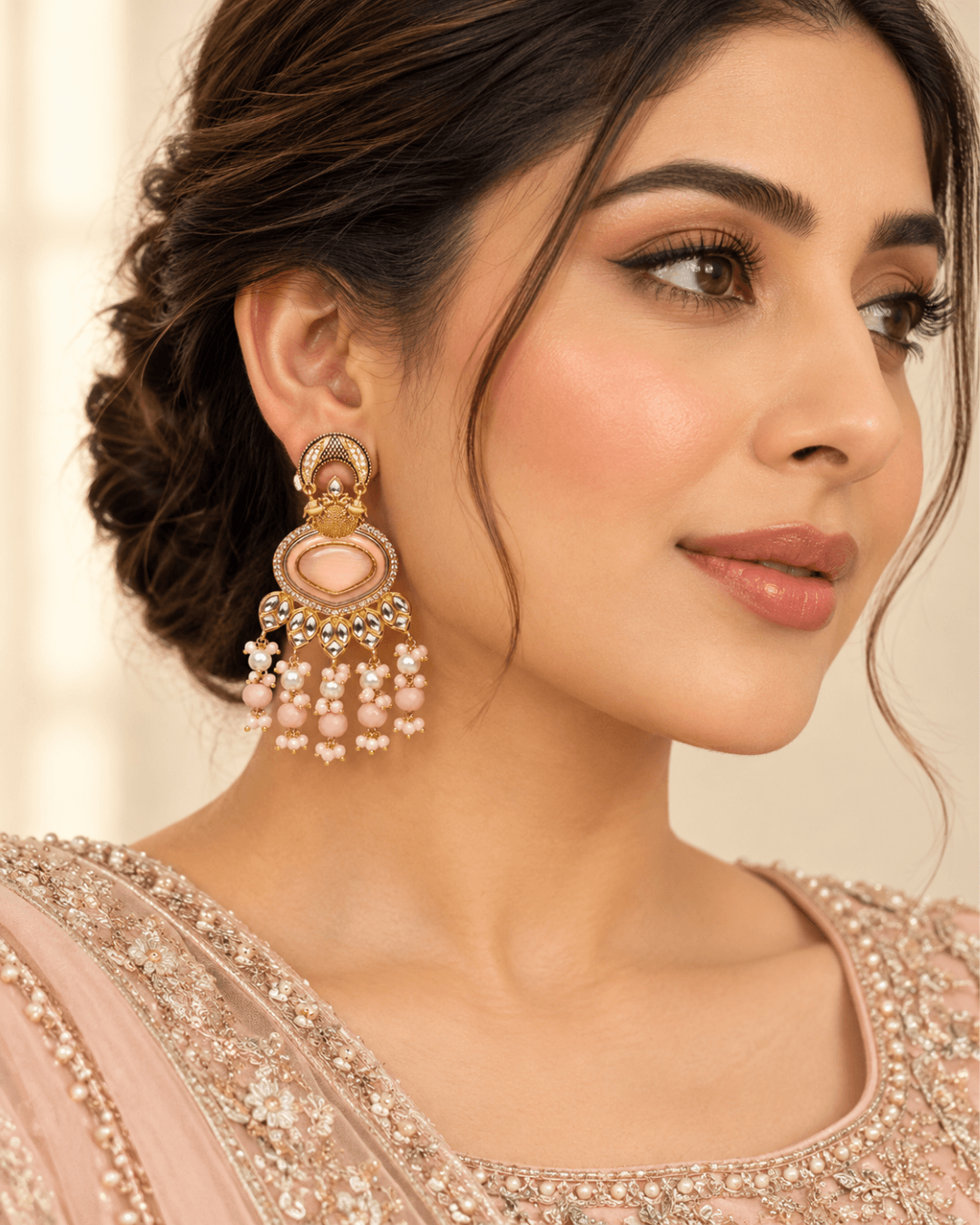 Gold-Tone Heart Kundan-Style Earrings with Bead Drops