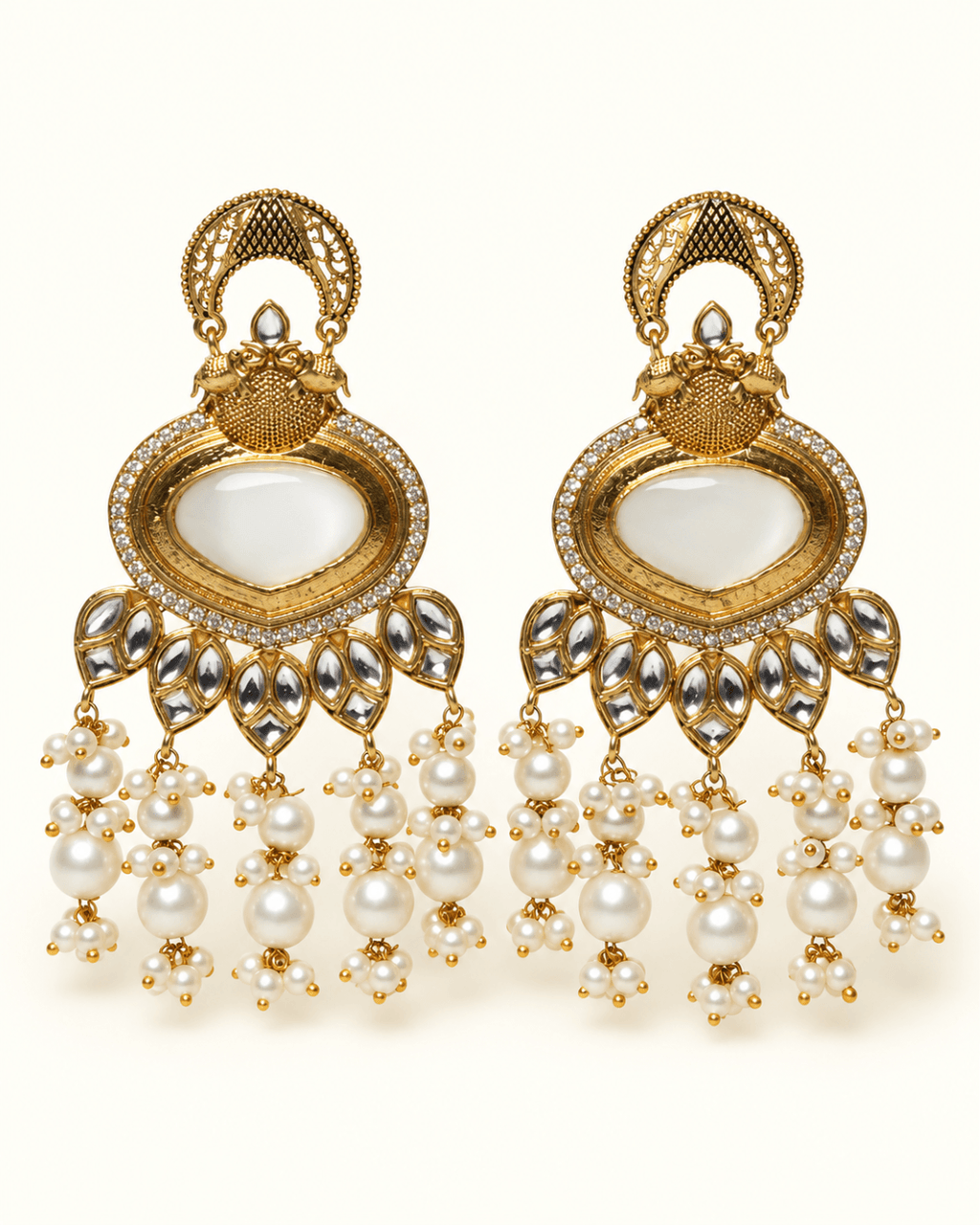 Gold-Tone Heart Kundan-Style Earrings with Bead Drops