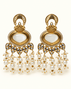 Gold-Tone Heart Kundan-Style Earrings with Bead Drops