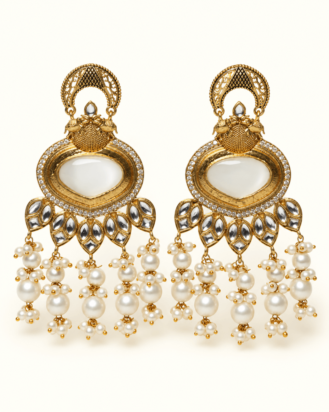 Gold-Tone Heart Kundan-Style Earrings with Bead Drops