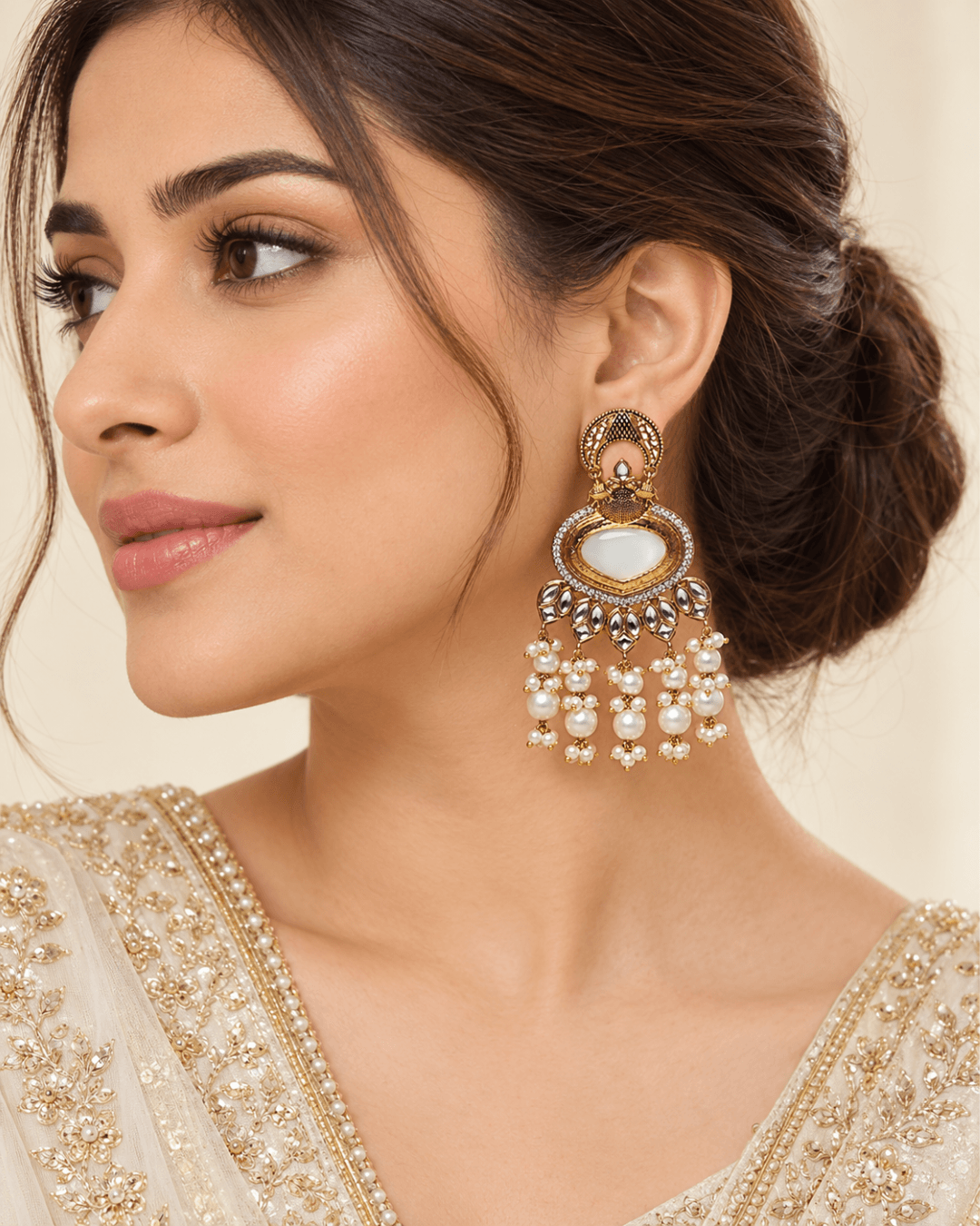 Gold-Tone Heart Kundan-Style Earrings with Bead Drops