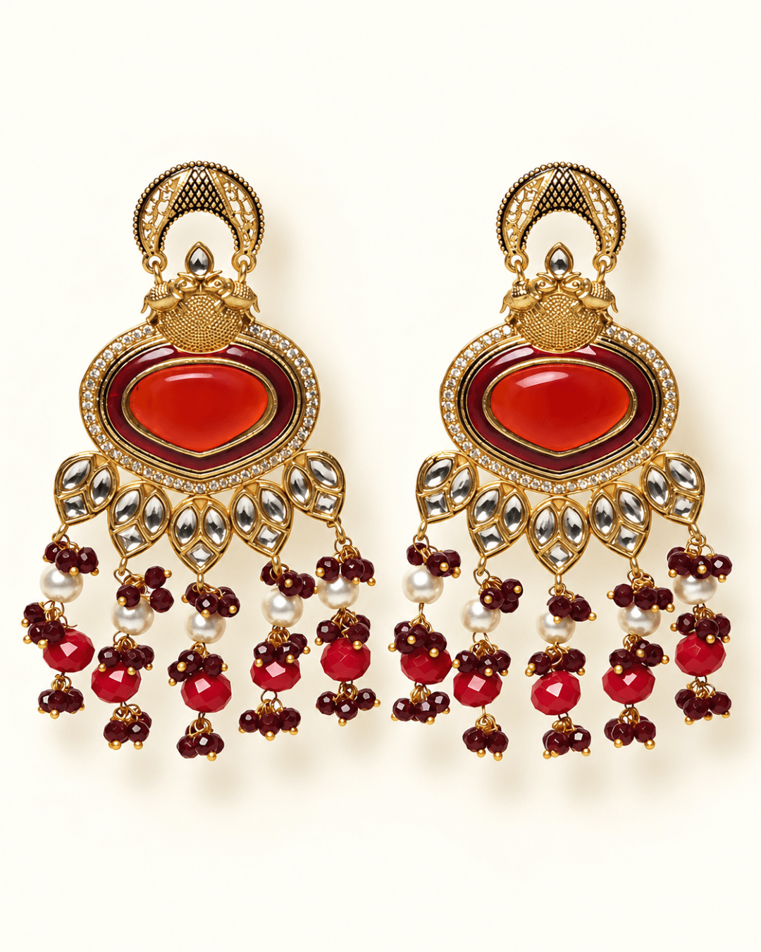 Gold-Tone Heart Kundan-Style Earrings with Bead Drops