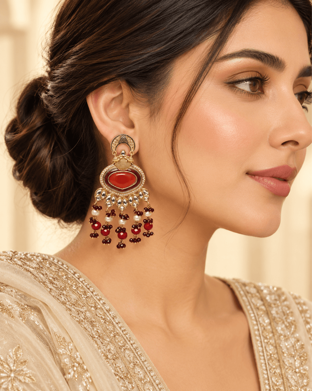 Gold-Tone Heart Kundan-Style Earrings with Bead Drops