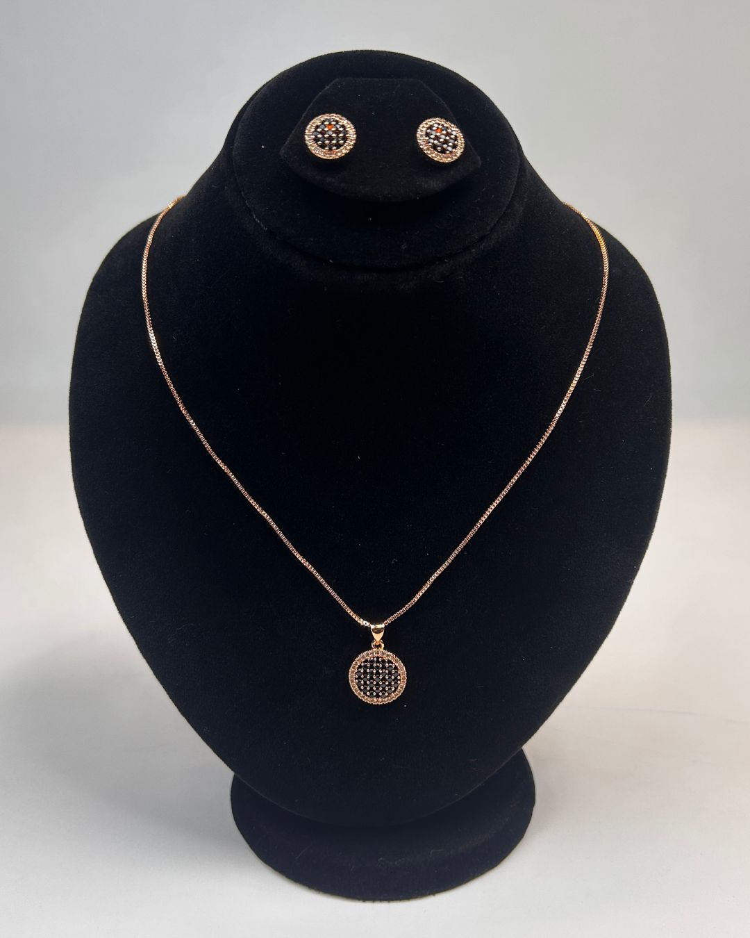 Round Pave Locket Necklace Set With Matching Stud Earrings