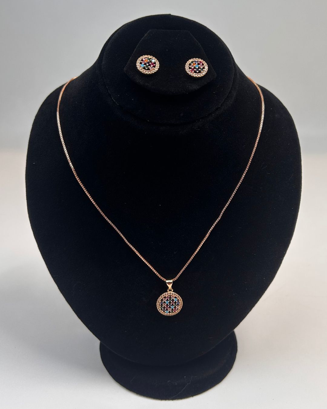 Round Pave Locket Necklace Set With Matching Stud Earrings