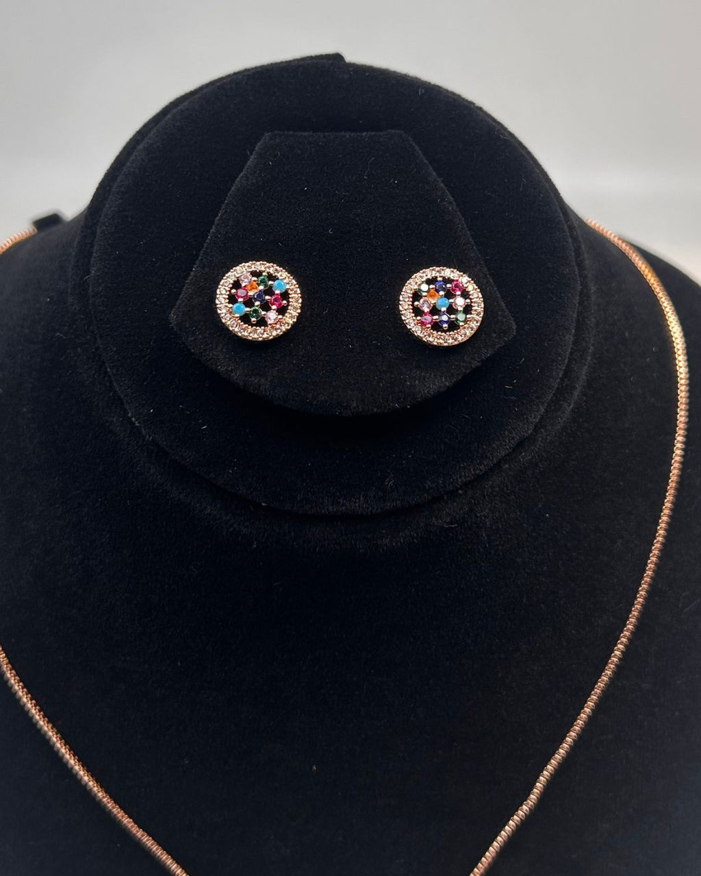 Round Pave Locket Necklace Set With Matching Stud Earrings