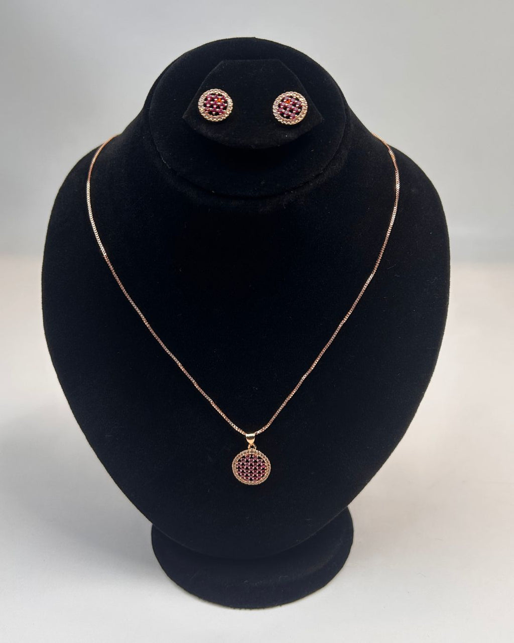 Round Pave Locket Necklace Set With Matching Stud Earrings