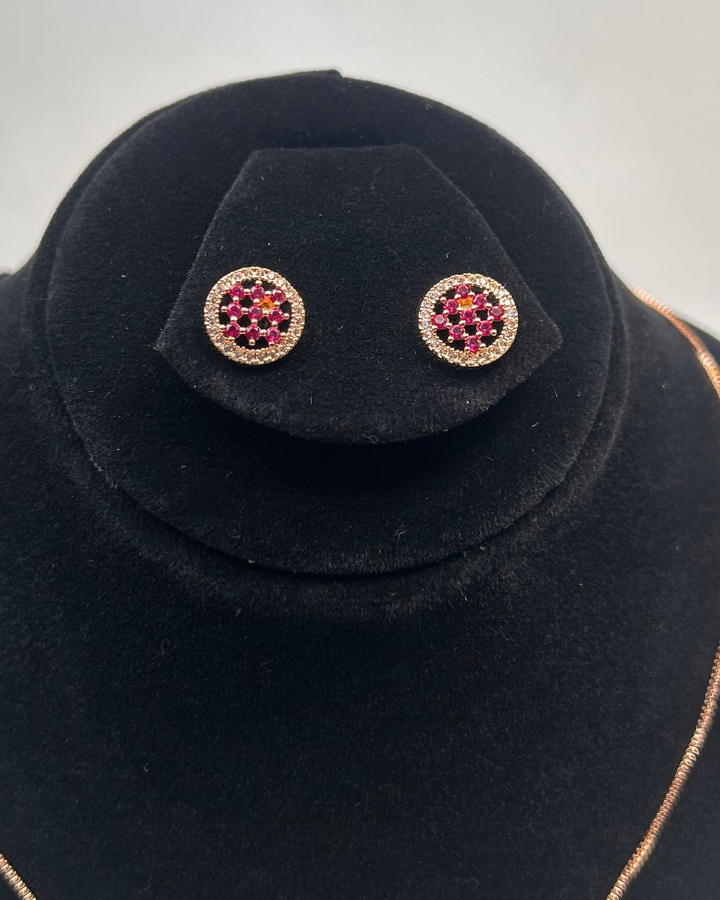 Round Pave Locket Necklace Set With Matching Stud Earrings