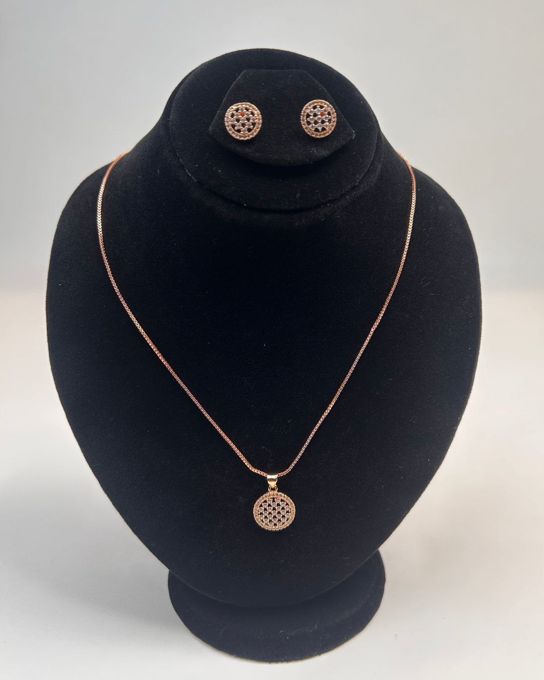 Round Pave Locket Necklace Set With Matching Stud Earrings
