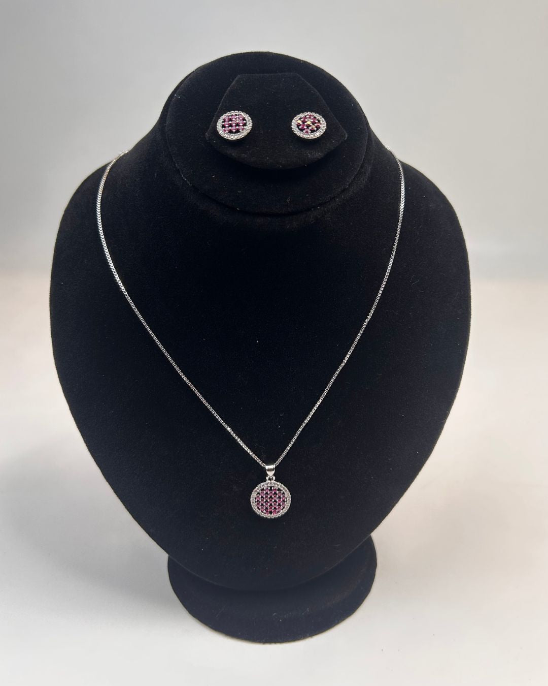 Round Pave Locket Necklace Set With Matching Stud Earrings