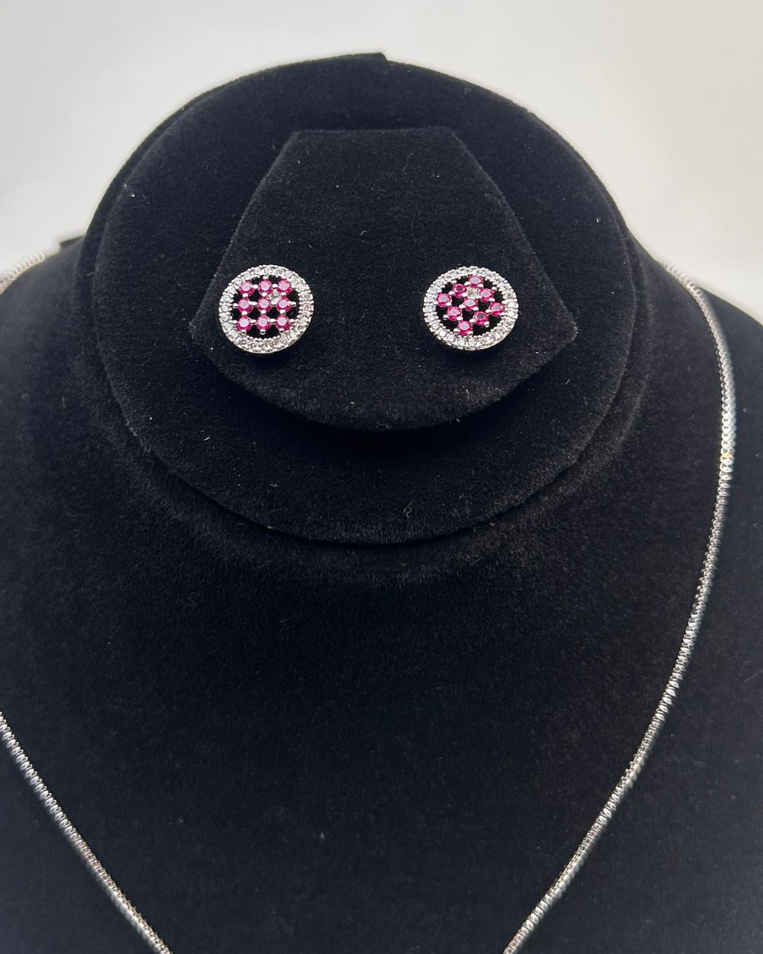 Round Pave Locket Necklace Set With Matching Stud Earrings