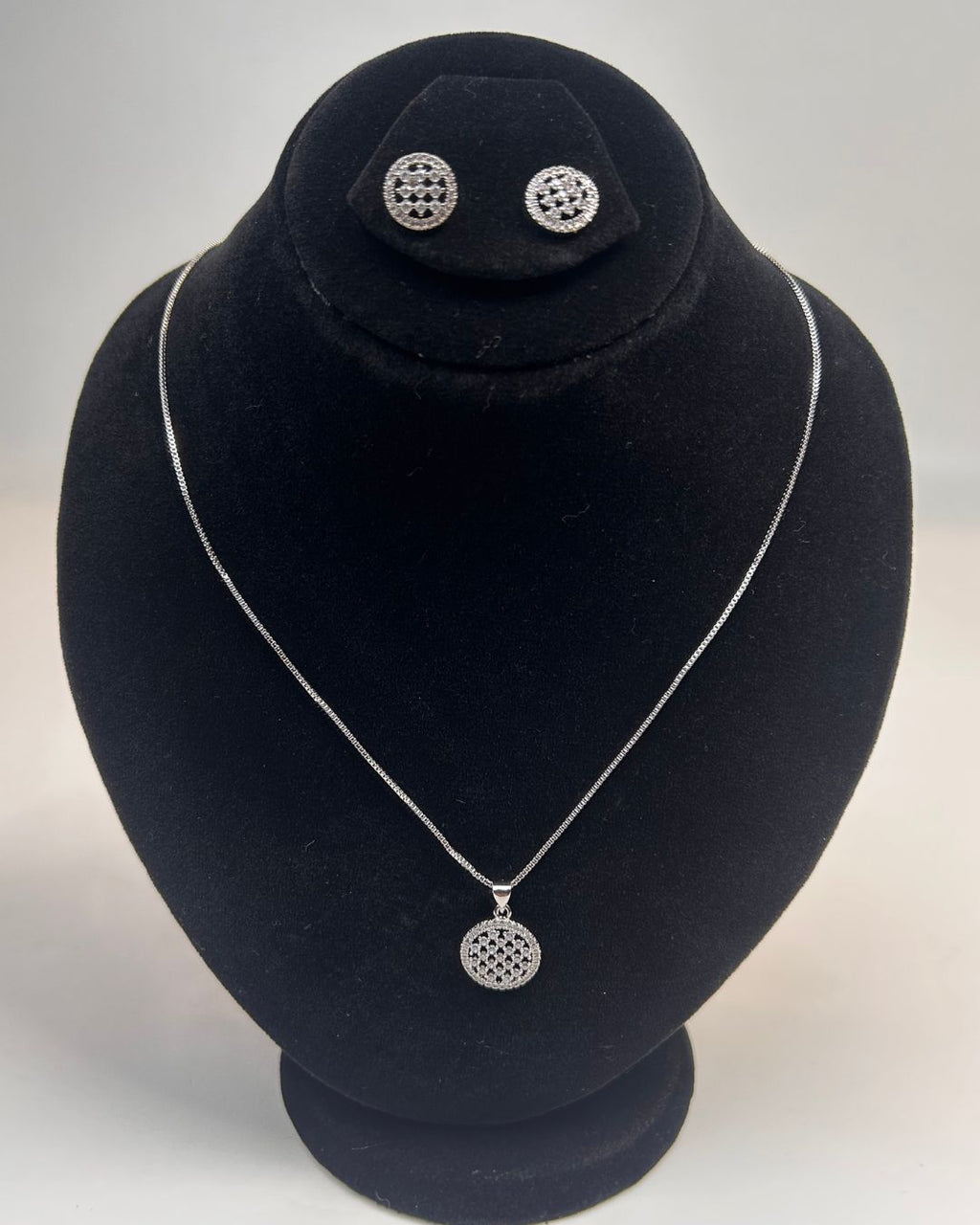 Round Pave Locket Necklace Set With Matching Stud Earrings