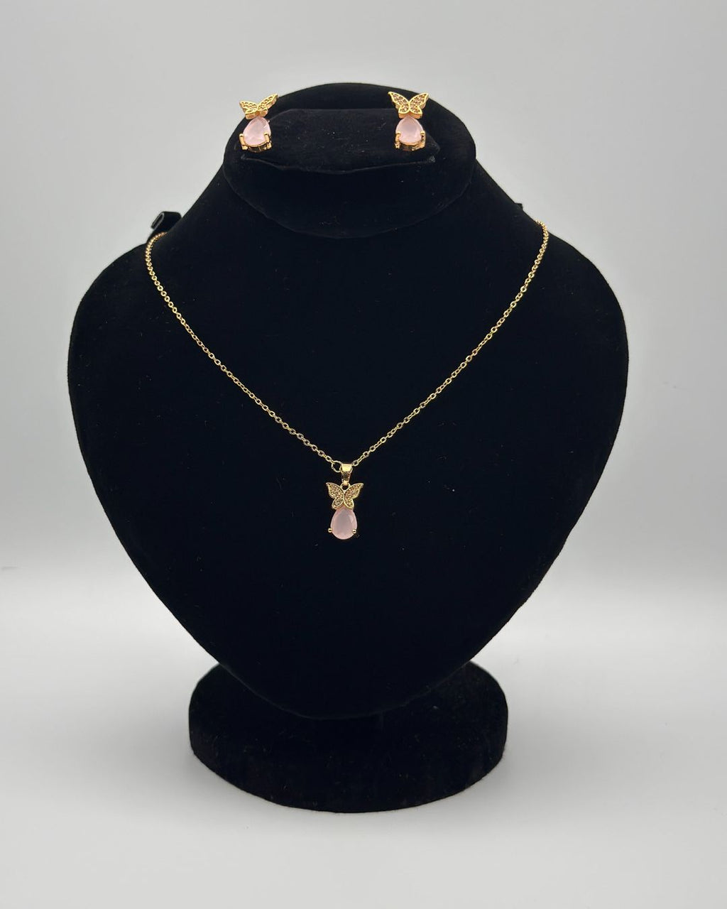 Butterfly Drop Locket Set with Earrings - Gold Pink