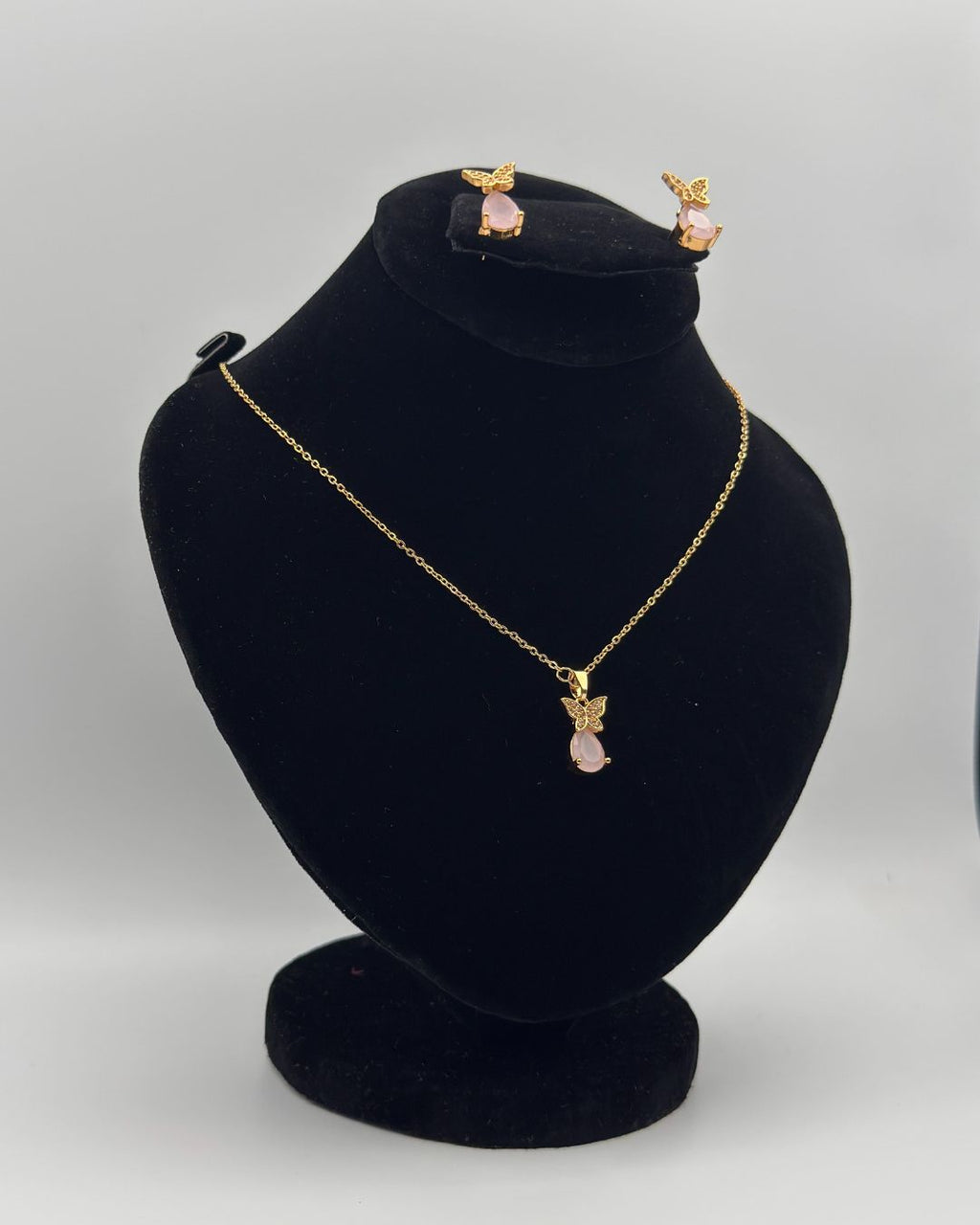 Butterfly Drop Locket Set with Earrings - Gold Pink