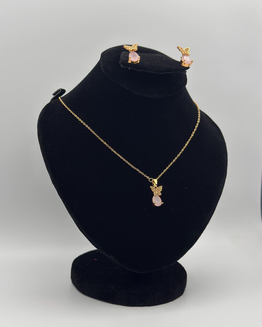 Butterfly Drop Locket Set with Earrings - Gold Pink